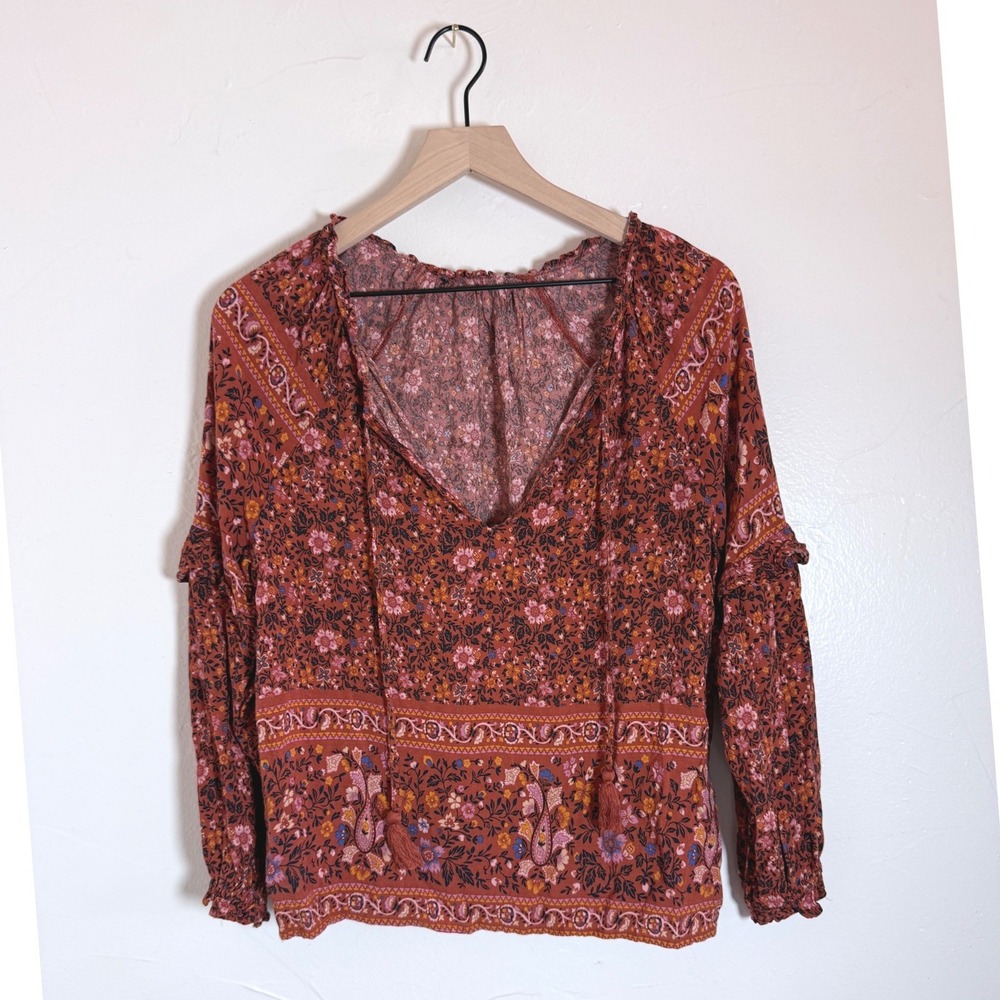 American Eagle Rust Floral Paisley Peasant Blouse Boho 70s Viscose S